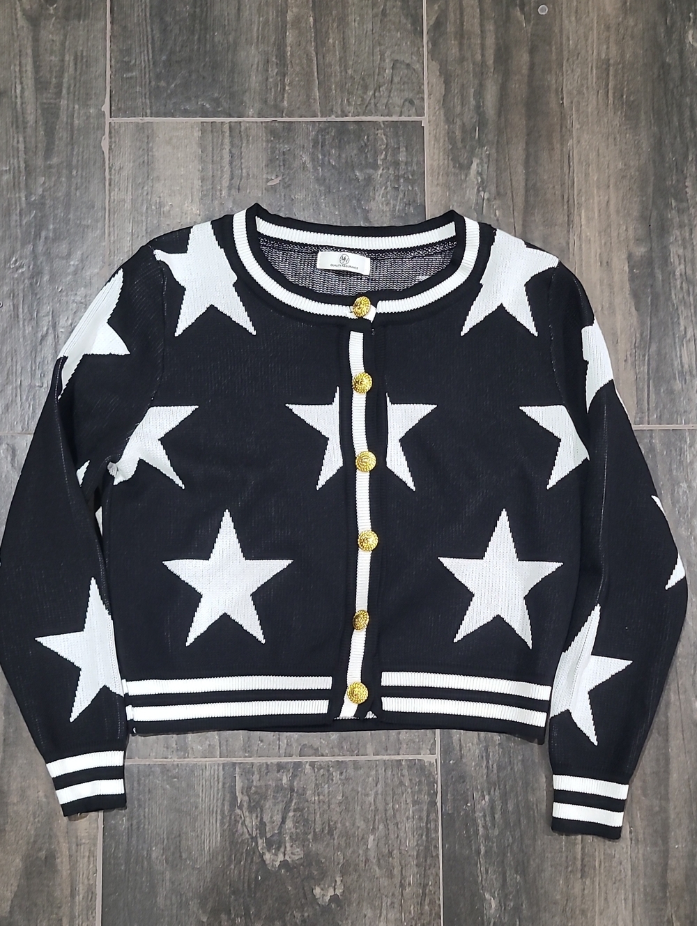 Black and White Star Knit Cardigan Sweater - Gold Button Detail